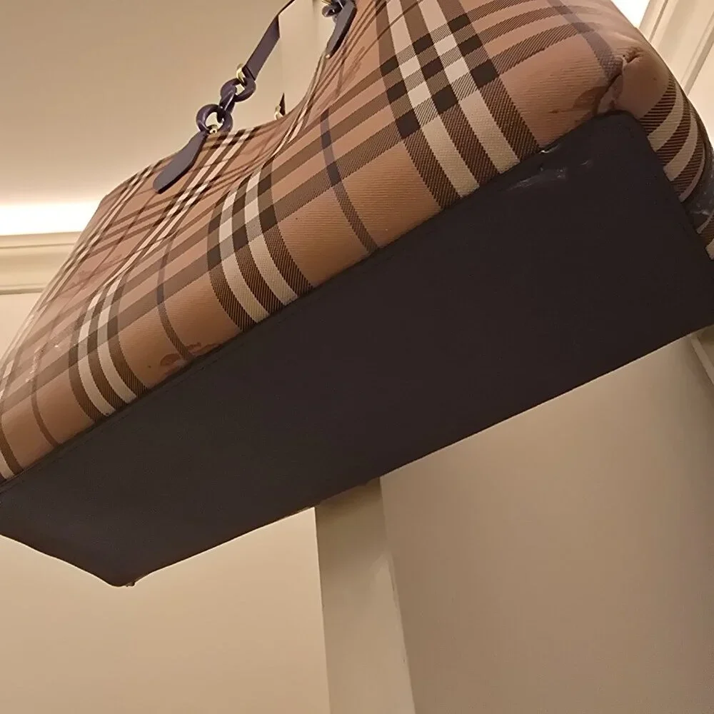 Burberry Medium Reversible Tote Haymarket Check Canvas & Slate Blue Leather